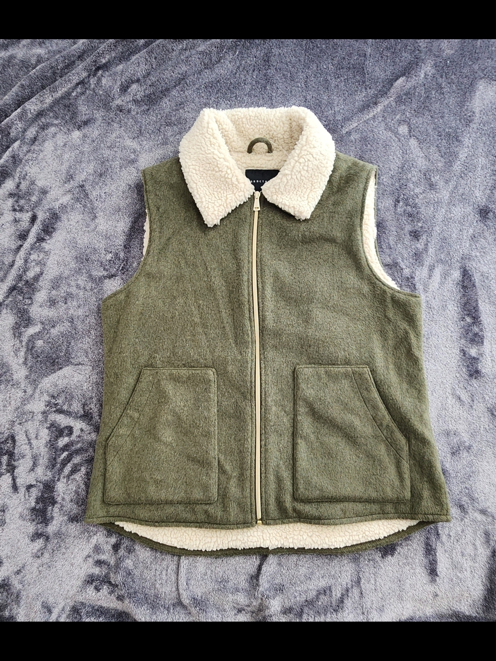 Sanctuary Womens Olive Green Sherpa Lined Wool Blend Zip Front Vest Size L